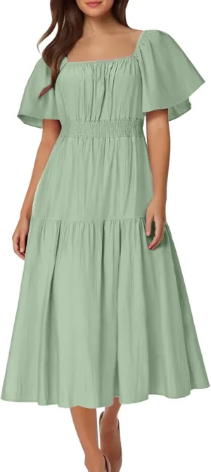 Summer Elegant Dresses for Women Short Sleeve Square Neck Smocked Waist Pleated Tiered Flowy Swing Midi Ruffle Dress