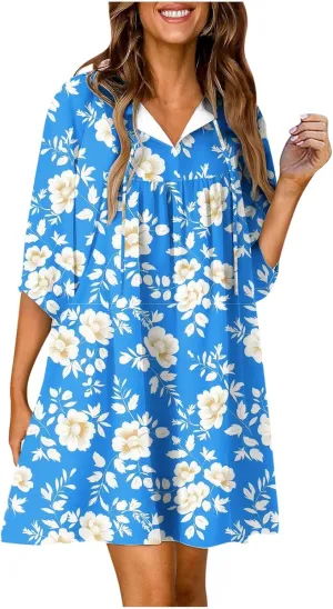 Summer Flowy Tunic Dresses for Women Cute Boho Floral Print Dress V Neck 3/4 Sleeve Smocked Mini Babydoll Sun dresses