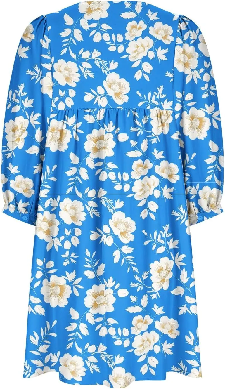 Summer Flowy Tunic Dresses for Women Cute Boho Floral Print Dress V Neck 3/4 Sleeve Smocked Mini Babydoll Sun dresses