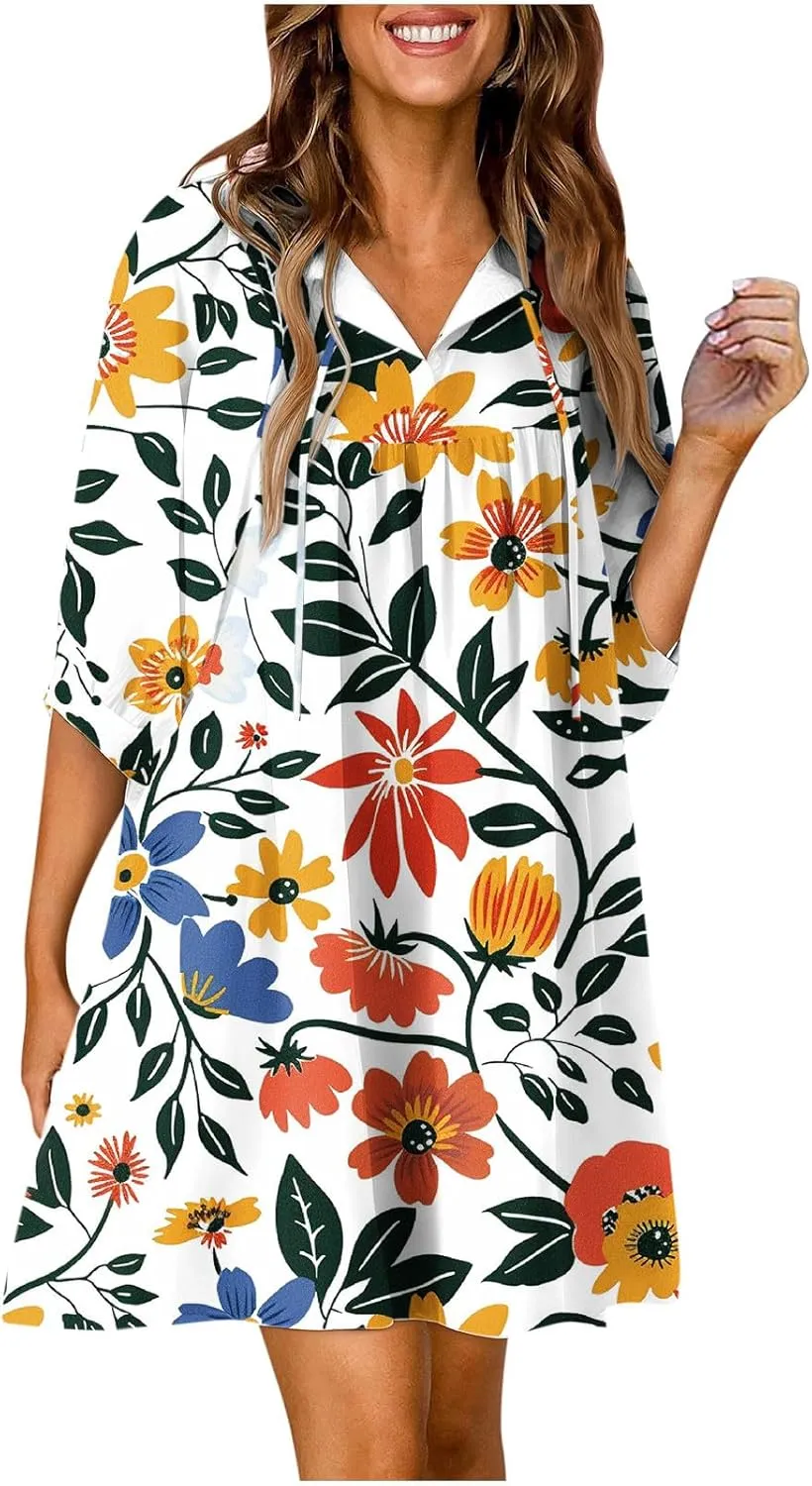 Summer Flowy Tunic Dresses for Women Cute Boho Floral Print Dress V Neck 3/4 Sleeve Smocked Mini Babydoll Sun dresses