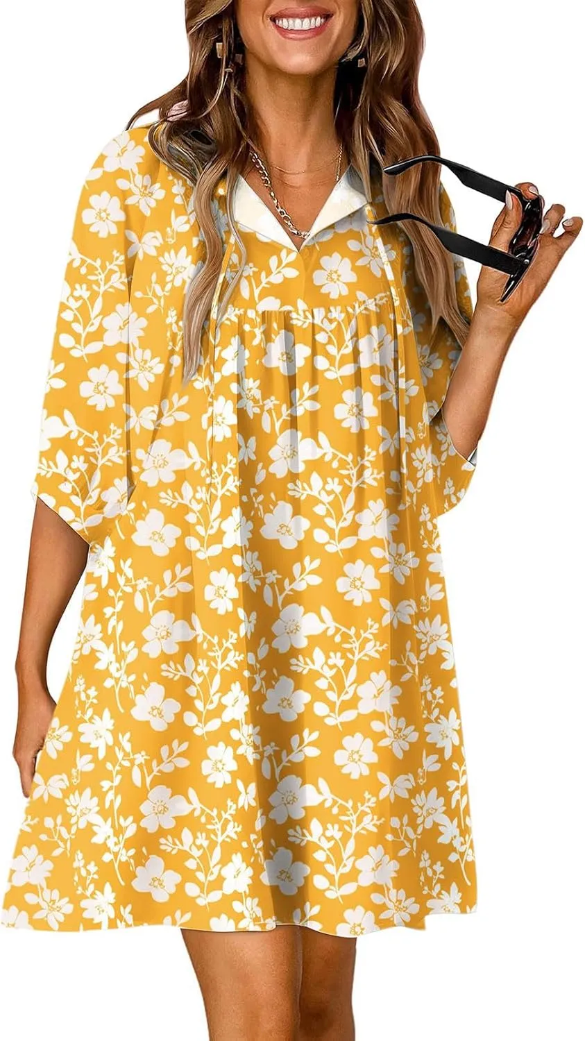 Summer Flowy Tunic Dresses for Women Cute Boho Floral Print Dress V Neck 3/4 Sleeve Smocked Mini Babydoll Sun dresses
