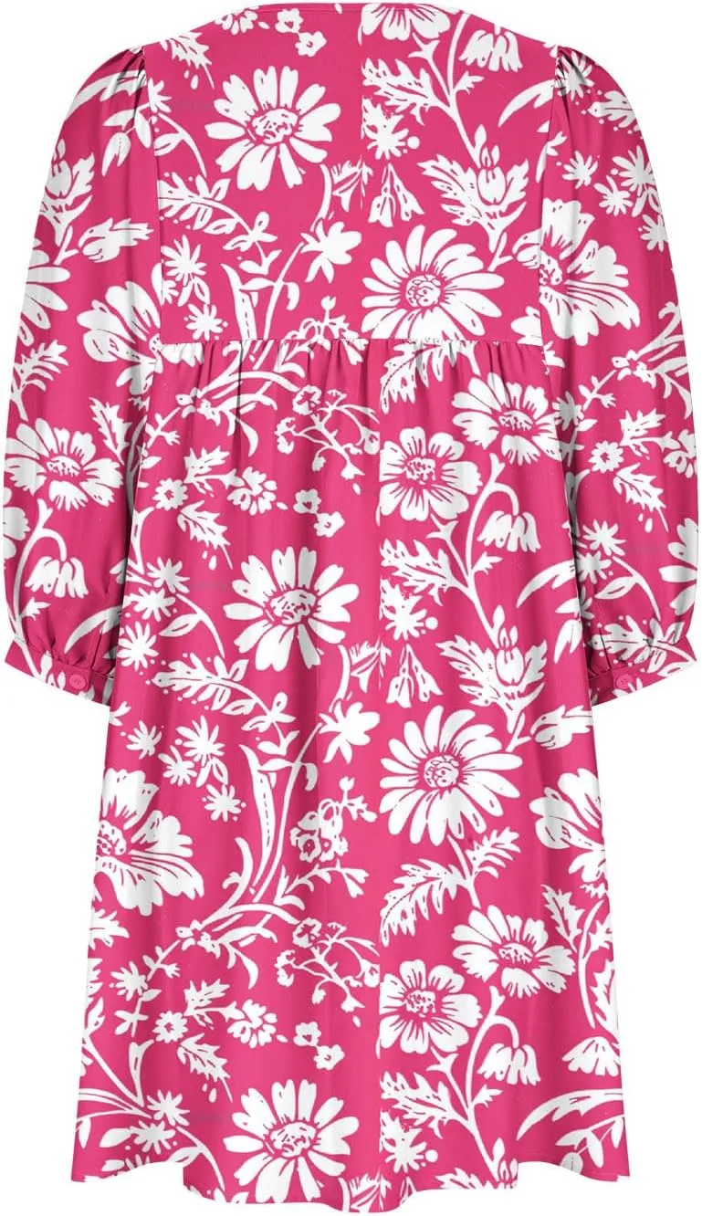 Summer Flowy Tunic Dresses for Women Cute Boho Floral Print Dress V Neck 3/4 Sleeve Smocked Mini Babydoll Sun dresses