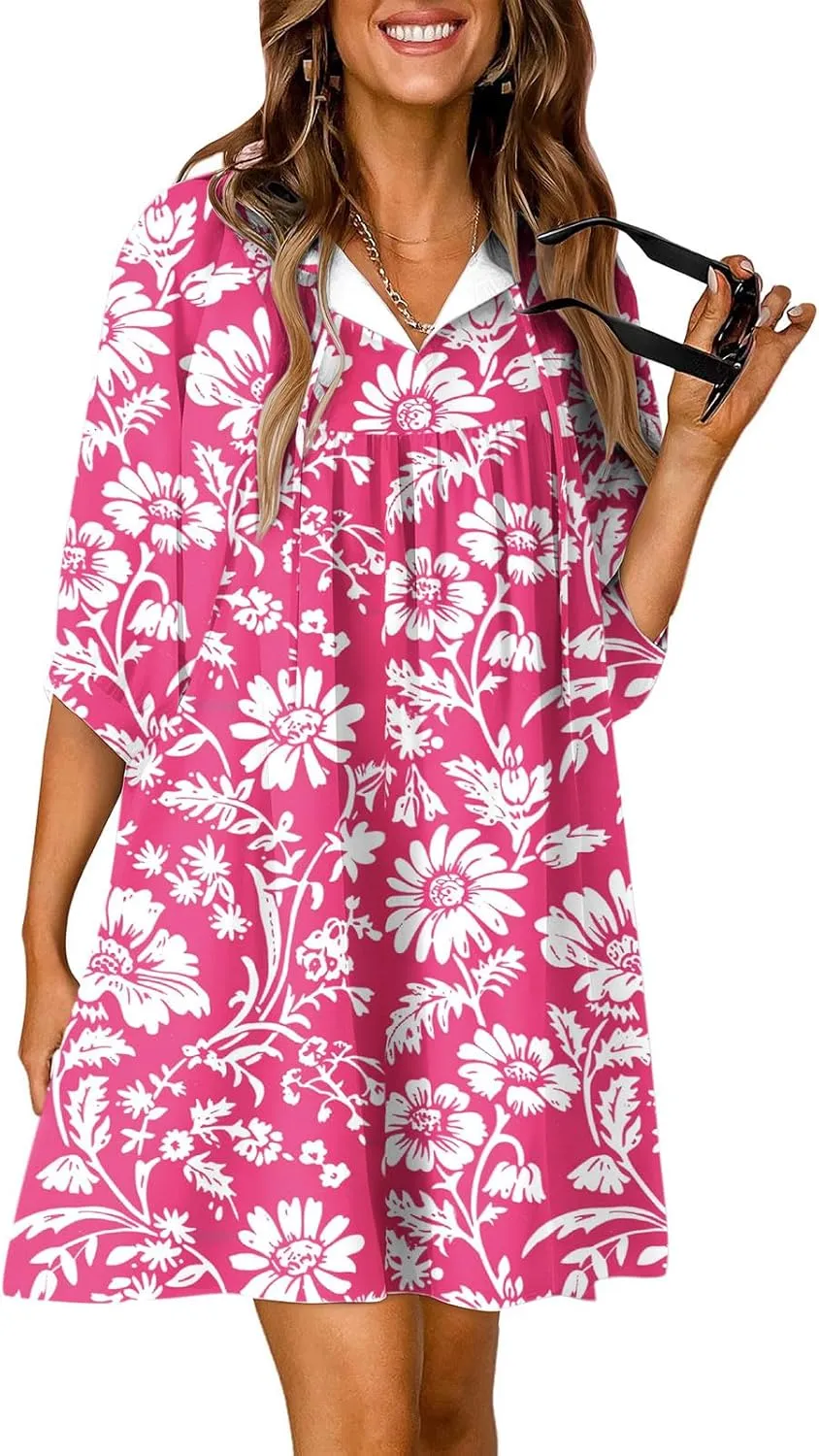 Summer Flowy Tunic Dresses for Women Cute Boho Floral Print Dress V Neck 3/4 Sleeve Smocked Mini Babydoll Sun dresses