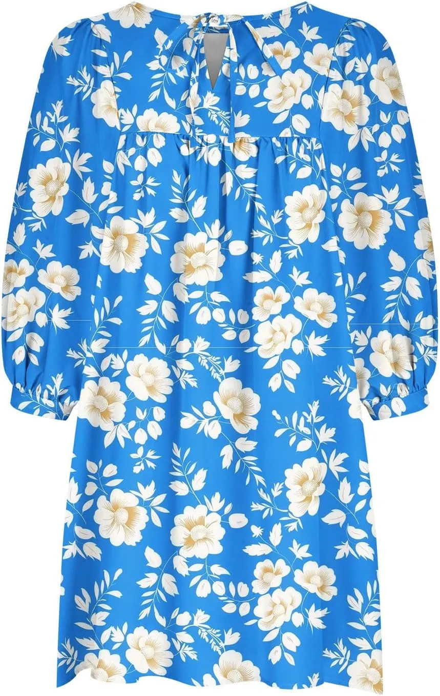 Summer Flowy Tunic Dresses for Women Cute Boho Floral Print Dress V Neck 3/4 Sleeve Smocked Mini Babydoll Sun dresses