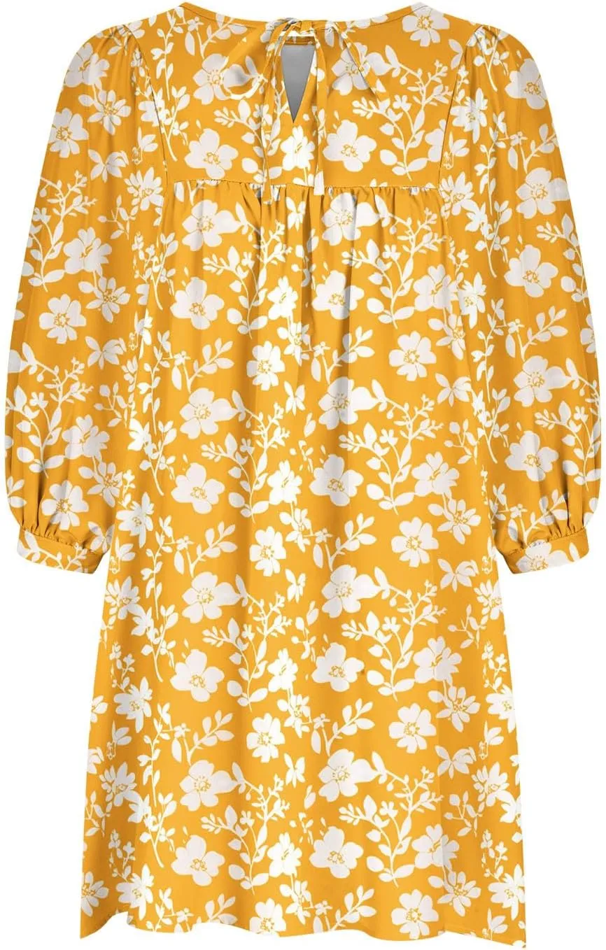 Summer Flowy Tunic Dresses for Women Cute Boho Floral Print Dress V Neck 3/4 Sleeve Smocked Mini Babydoll Sun dresses