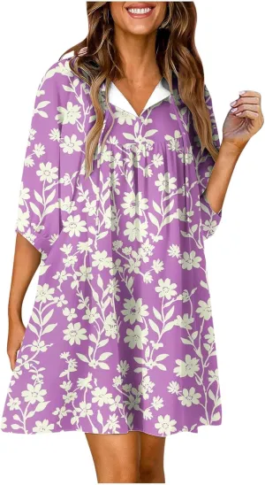 Summer Flowy Tunic Dresses for Women Cute Boho Floral Print Dress V Neck 3/4 Sleeve Smocked Mini Babydoll Sun dresses