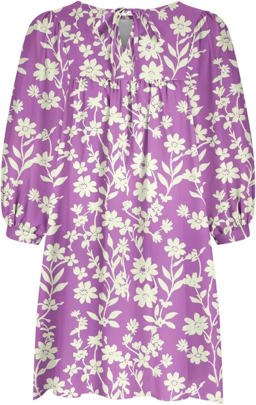 Summer Flowy Tunic Dresses for Women Cute Boho Floral Print Dress V Neck 3/4 Sleeve Smocked Mini Babydoll Sun dresses