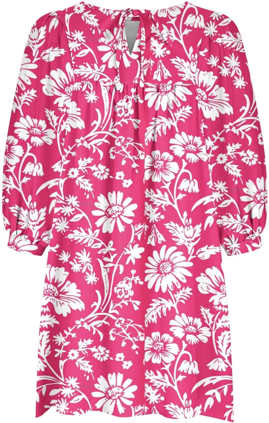 Summer Flowy Tunic Dresses for Women Cute Boho Floral Print Dress V Neck 3/4 Sleeve Smocked Mini Babydoll Sun dresses