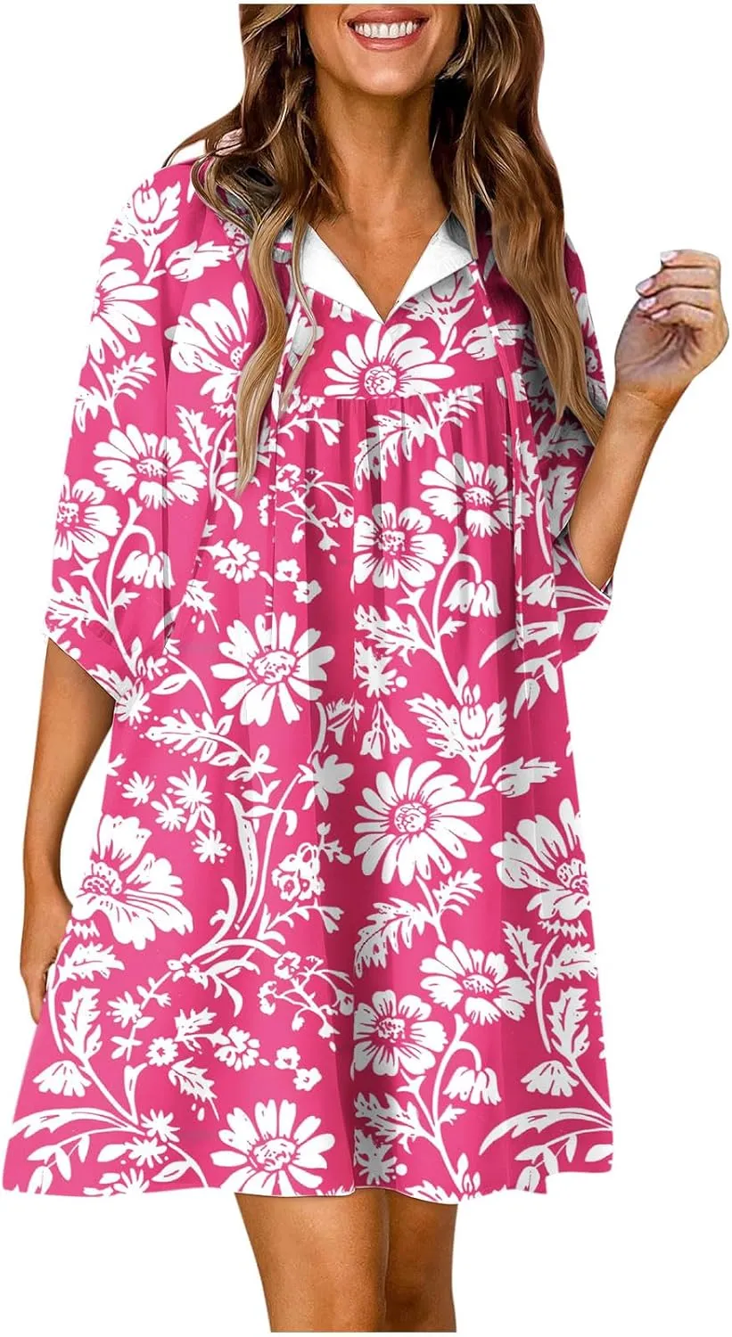 Summer Flowy Tunic Dresses for Women Cute Boho Floral Print Dress V Neck 3/4 Sleeve Smocked Mini Babydoll Sun dresses