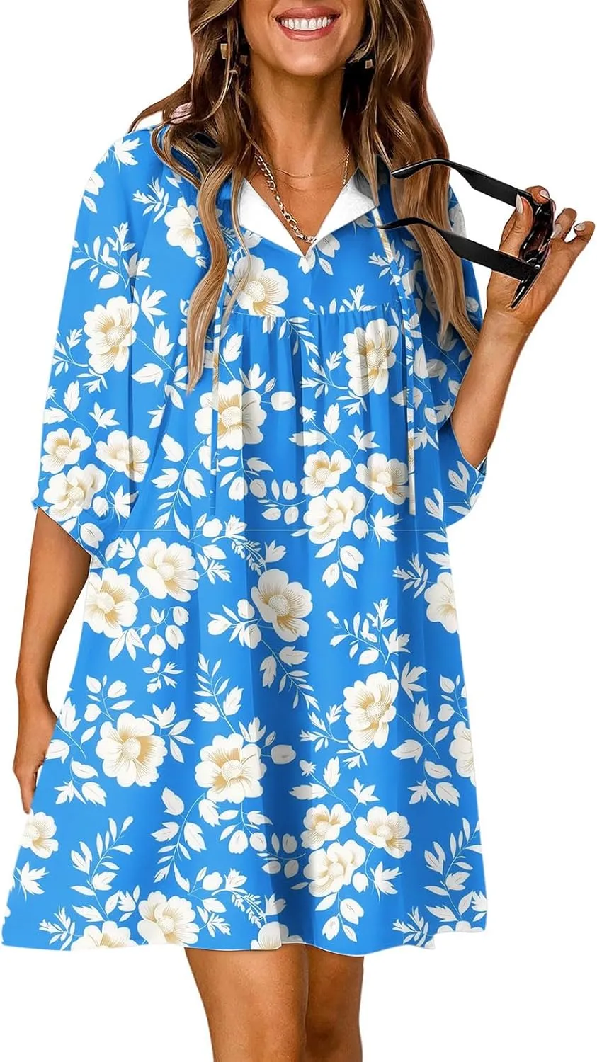 Summer Flowy Tunic Dresses for Women Cute Boho Floral Print Dress V Neck 3/4 Sleeve Smocked Mini Babydoll Sun dresses