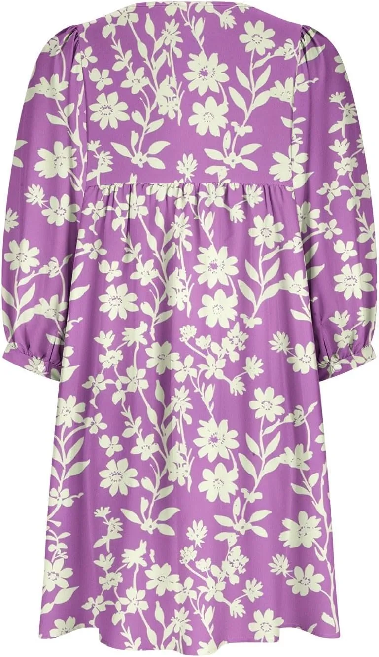 Summer Flowy Tunic Dresses for Women Cute Boho Floral Print Dress V Neck 3/4 Sleeve Smocked Mini Babydoll Sun dresses
