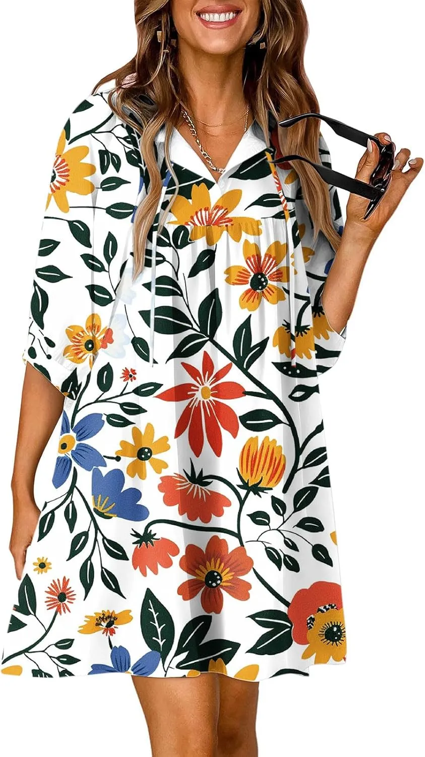 Summer Flowy Tunic Dresses for Women Cute Boho Floral Print Dress V Neck 3/4 Sleeve Smocked Mini Babydoll Sun dresses