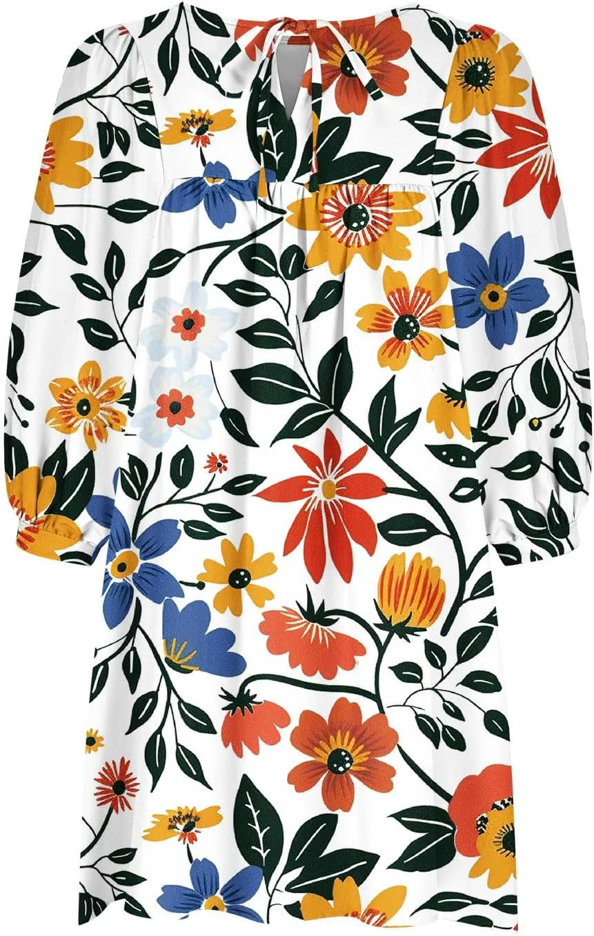 Summer Flowy Tunic Dresses for Women Cute Boho Floral Print Dress V Neck 3/4 Sleeve Smocked Mini Babydoll Sun dresses