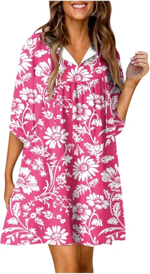 Summer Flowy Tunic Dresses for Women Cute Boho Floral Print Dress V Neck 3/4 Sleeve Smocked Mini Babydoll Sun dresses