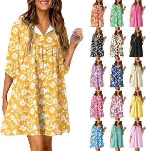 Summer Flowy Tunic Dresses for Women Cute Boho Floral Print Dress V Neck 3/4 Sleeve Smocked Mini Babydoll Sun dresses