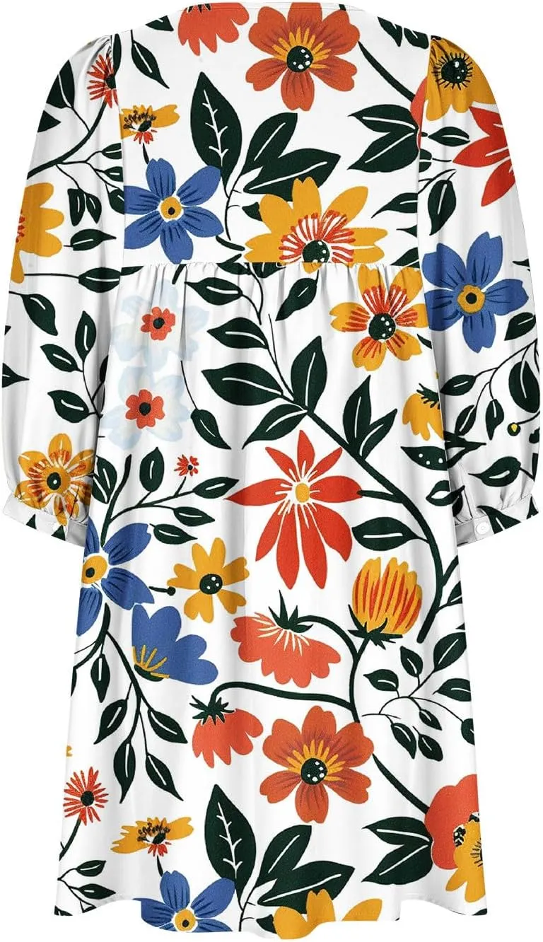 Summer Flowy Tunic Dresses for Women Cute Boho Floral Print Dress V Neck 3/4 Sleeve Smocked Mini Babydoll Sun dresses