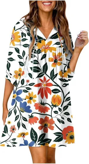 Summer Flowy Tunic Dresses for Women Cute Boho Floral Print Dress V Neck 3/4 Sleeve Smocked Mini Babydoll Sun dresses