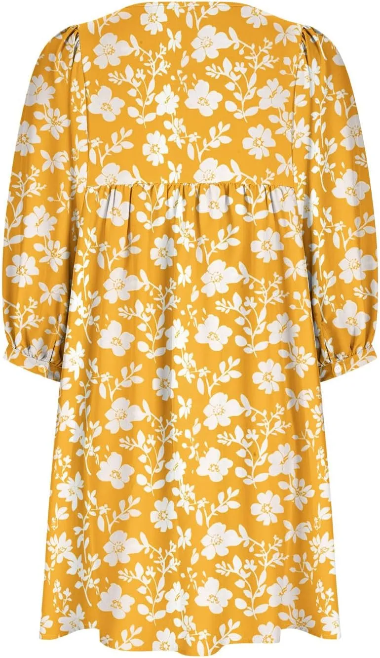Summer Flowy Tunic Dresses for Women Cute Boho Floral Print Dress V Neck 3/4 Sleeve Smocked Mini Babydoll Sun dresses