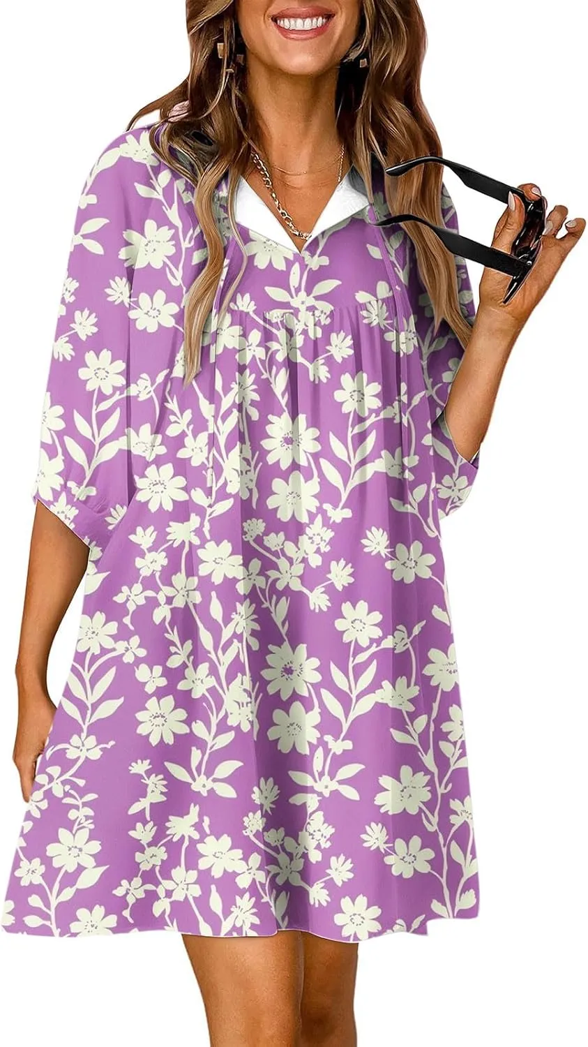 Summer Flowy Tunic Dresses for Women Cute Boho Floral Print Dress V Neck 3/4 Sleeve Smocked Mini Babydoll Sun dresses