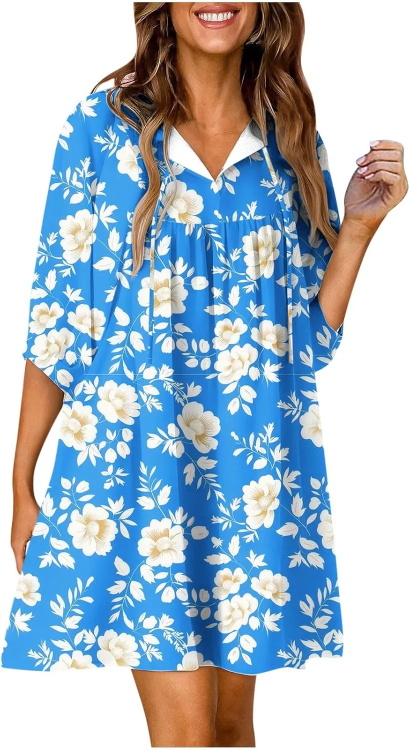 Summer Flowy Tunic Dresses for Women Cute Boho Floral Print Dress V Neck 3/4 Sleeve Smocked Mini Babydoll Sun dresses