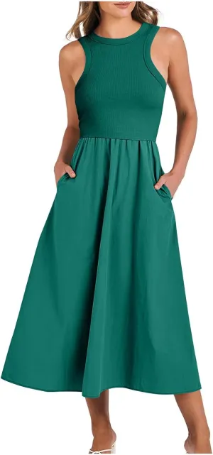 Summer Long Dresses for Women 2024 Crew Neck Solid Color Loose Flowy Dress Sleeveless Beach Sundress Vacation Clothes