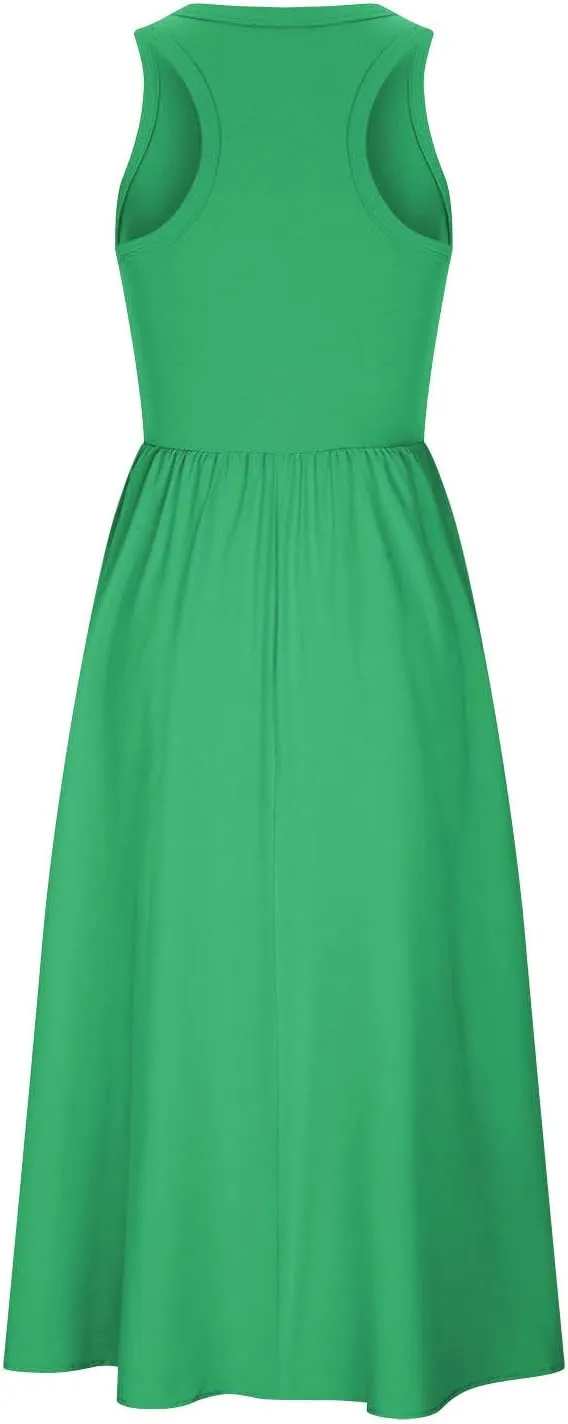 Summer Long Dresses for Women 2024 Crew Neck Solid Color Loose Flowy Dress Sleeveless Beach Sundress Vacation Clothes