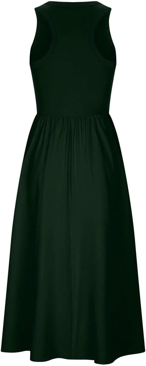 Summer Long Dresses for Women 2024 Crew Neck Solid Color Loose Flowy Dress Sleeveless Beach Sundress Vacation Clothes