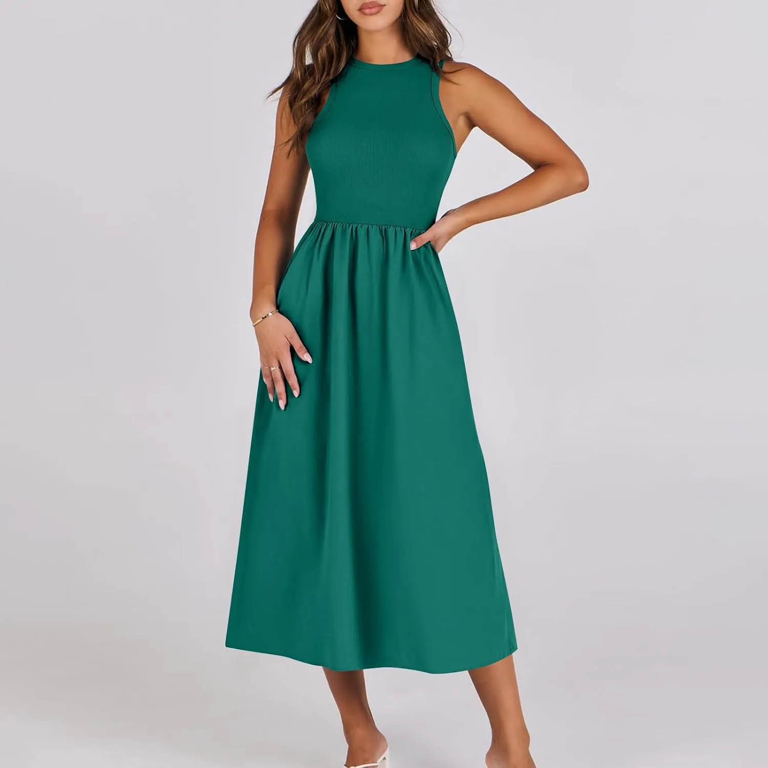 Summer Long Dresses for Women 2024 Crew Neck Solid Color Loose Flowy Dress Sleeveless Beach Sundress Vacation Clothes