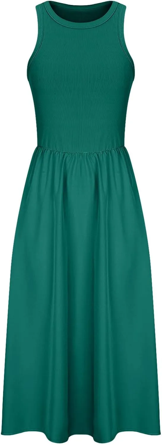 Summer Long Dresses for Women 2024 Crew Neck Solid Color Loose Flowy Dress Sleeveless Beach Sundress Vacation Clothes