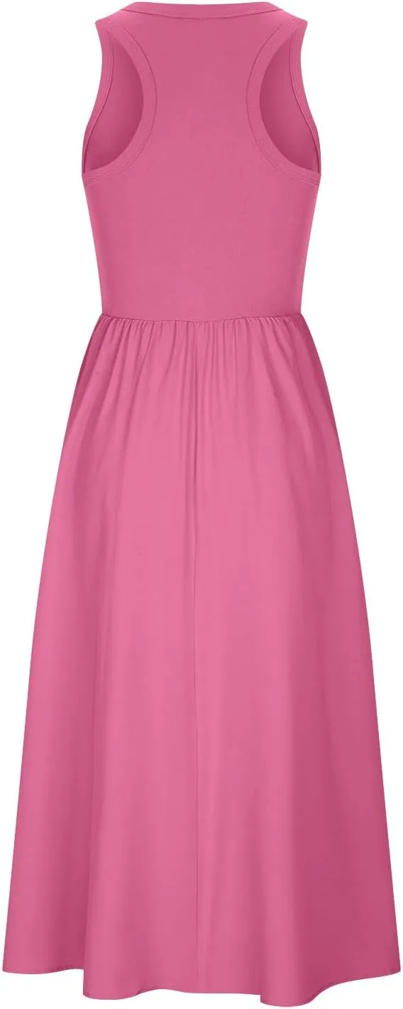 Summer Long Dresses for Women 2024 Crew Neck Solid Color Loose Flowy Dress Sleeveless Beach Sundress Vacation Clothes