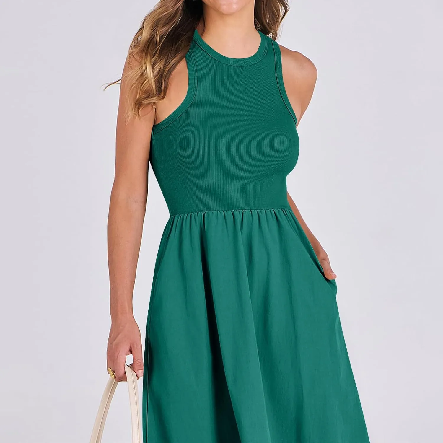 Summer Long Dresses for Women 2024 Crew Neck Solid Color Loose Flowy Dress Sleeveless Beach Sundress Vacation Clothes