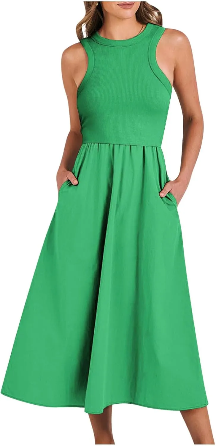 Summer Long Dresses for Women 2024 Crew Neck Solid Color Loose Flowy Dress Sleeveless Beach Sundress Vacation Clothes