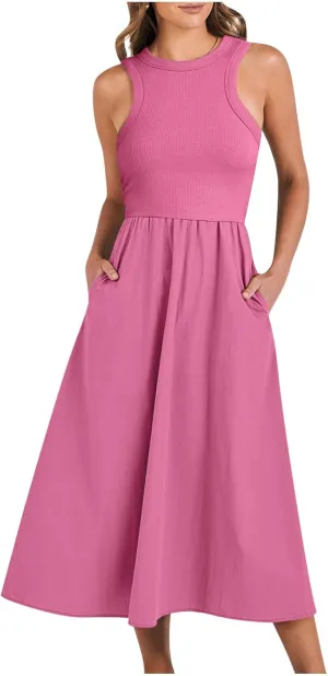 Summer Long Dresses for Women 2024 Crew Neck Solid Color Loose Flowy Dress Sleeveless Beach Sundress Vacation Clothes