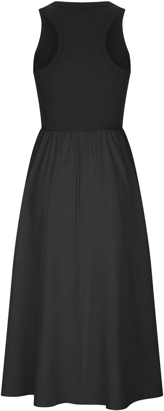Summer Long Dresses for Women 2024 Crew Neck Solid Color Loose Flowy Dress Sleeveless Beach Sundress Vacation Clothes
