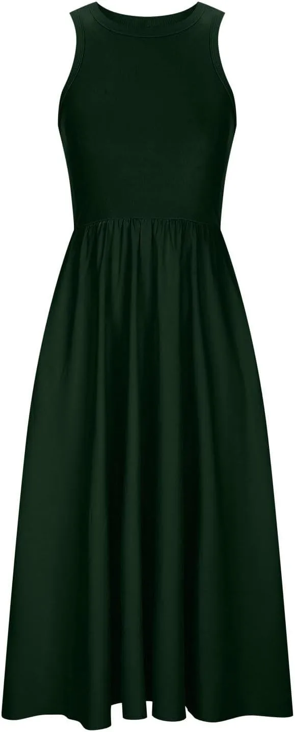 Summer Long Dresses for Women 2024 Crew Neck Solid Color Loose Flowy Dress Sleeveless Beach Sundress Vacation Clothes
