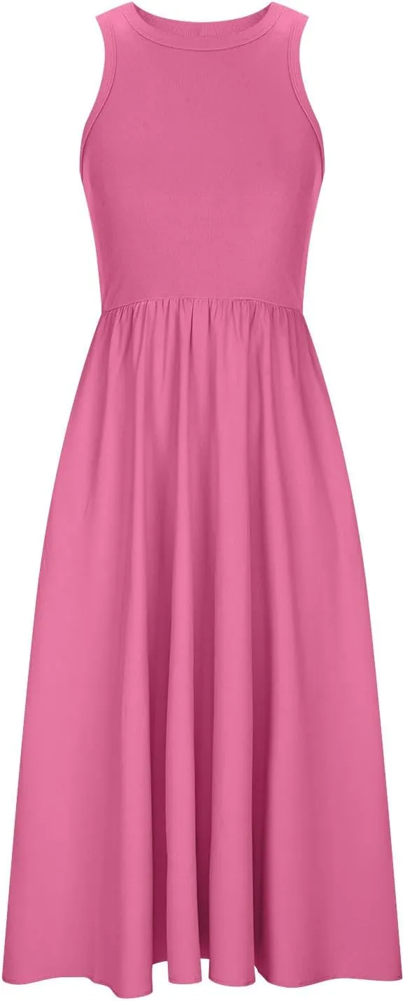 Summer Long Dresses for Women 2024 Crew Neck Solid Color Loose Flowy Dress Sleeveless Beach Sundress Vacation Clothes