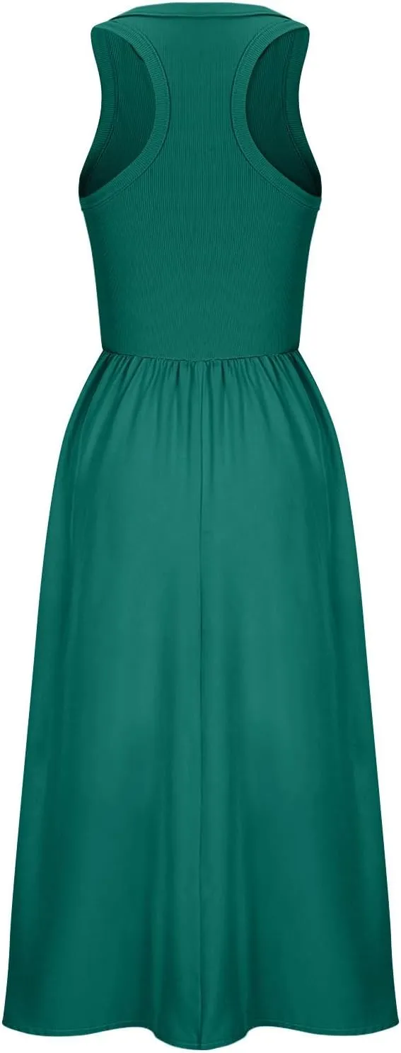 Summer Long Dresses for Women 2024 Crew Neck Solid Color Loose Flowy Dress Sleeveless Beach Sundress Vacation Clothes