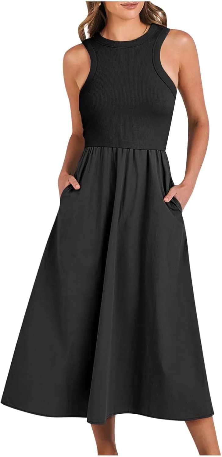 Summer Long Dresses for Women 2024 Crew Neck Solid Color Loose Flowy Dress Sleeveless Beach Sundress Vacation Clothes