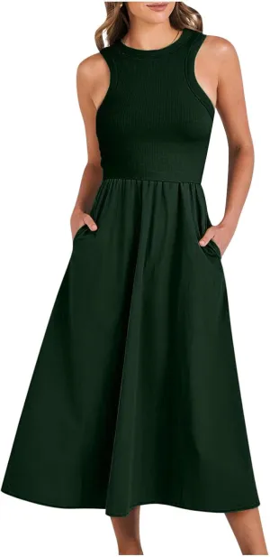 Summer Long Dresses for Women 2024 Crew Neck Solid Color Loose Flowy Dress Sleeveless Beach Sundress Vacation Clothes