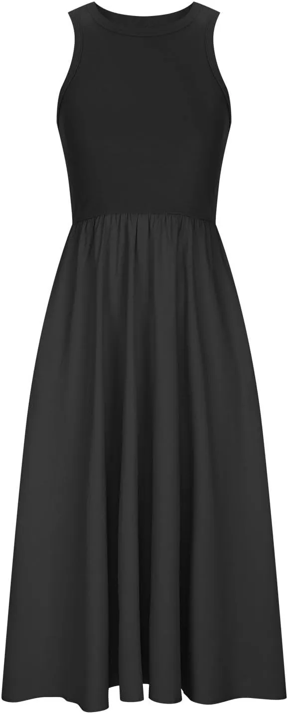 Summer Long Dresses for Women 2024 Crew Neck Solid Color Loose Flowy Dress Sleeveless Beach Sundress Vacation Clothes