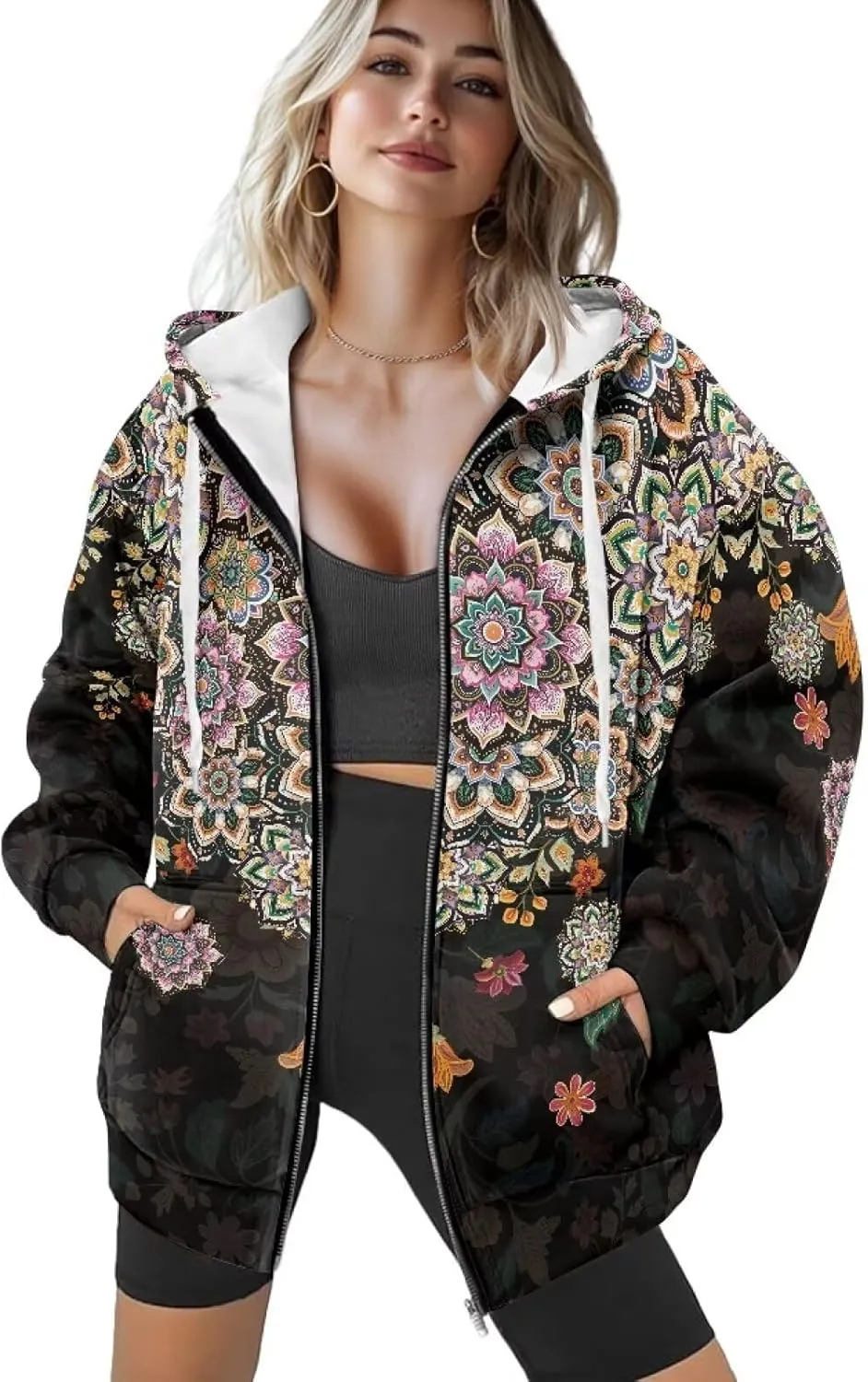 Suobstales Women's Drawstring Zip Up Hoodies Fall Jacket Oversized Casual Long Sleeve Sweatshirts with Pocket XS-XL