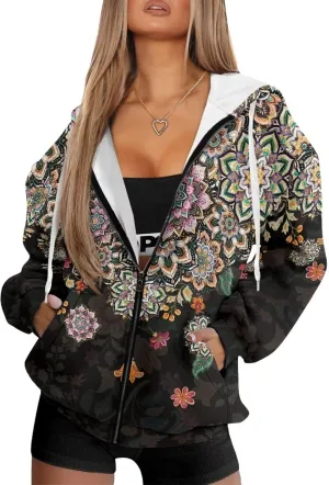 Suobstales Women's Drawstring Zip Up Hoodies Fall Jacket Oversized Casual Long Sleeve Sweatshirts with Pocket XS-XL