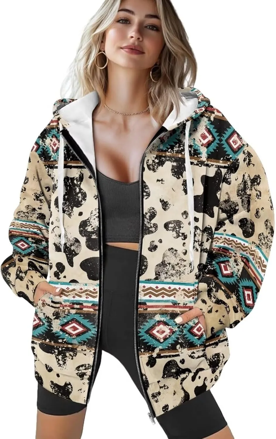 Suobstales Women's Drawstring Zip Up Hoodies Fall Jacket Oversized Casual Long Sleeve Sweatshirts with Pocket XS-XL