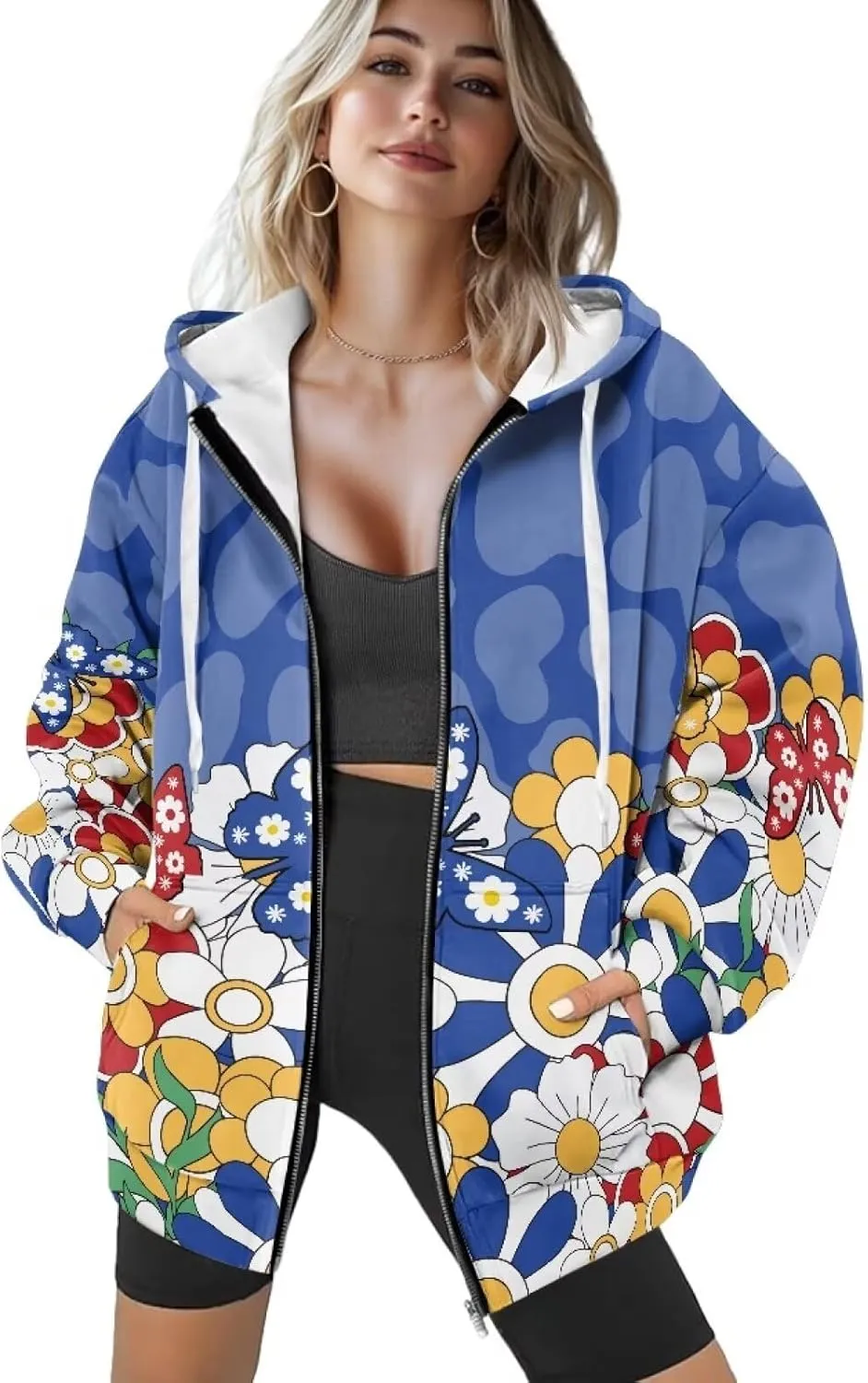 Suobstales Women's Oversized Zip Up Hoodie Long Sleeve Hooded Sweatshirt Fleece Jackets Casual Sweaters Outfits with Pockets