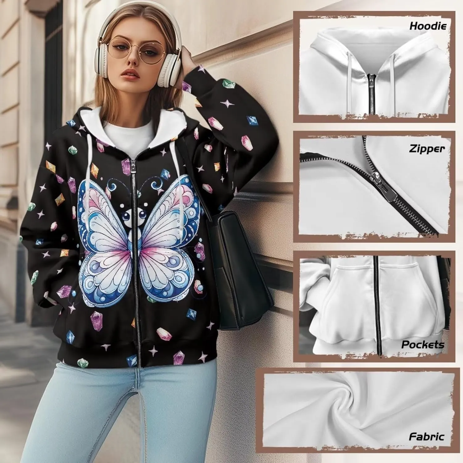 Suobstales Women's Oversized Zip Up Hoodies Long Sleeve Y2K Jacket Casual Winter Sweatshirts Trendy Drawstring Hooded Coat