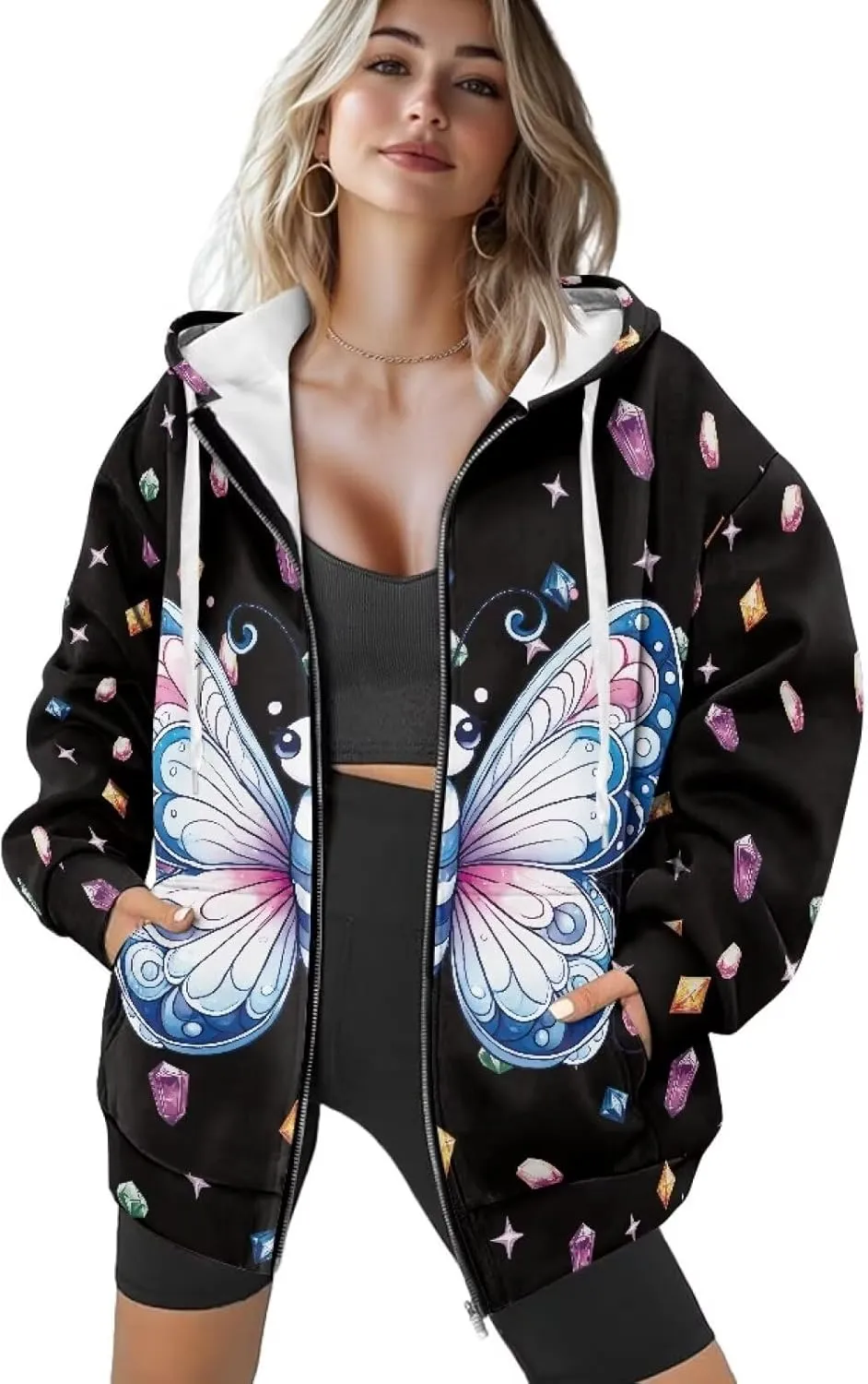 Suobstales Women's Oversized Zip Up Hoodies Long Sleeve Y2K Jacket Casual Winter Sweatshirts Trendy Drawstring Hooded Coat