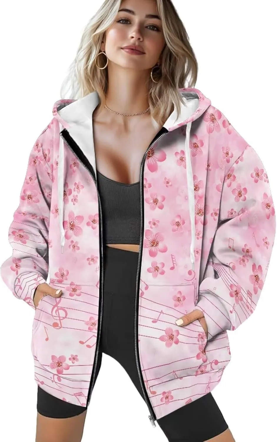 Suobstales Women's Oversized Zip Up Hoodies Long Sleeve Y2K Jacket Casual Winter Sweatshirts Trendy Drawstring Hooded Coat