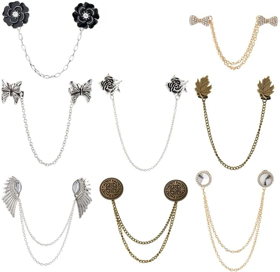 SUPERFINDINGS 8Pcs 8 Styles Collar Chain Clips Alloy Rhinestone Collar Pins Sweater Shawl Clip Cloak Clasp Retro Cardigan Clips Shirt Collar Brooch Hanging Chain Brooch for Women Men Jewelry Gifts