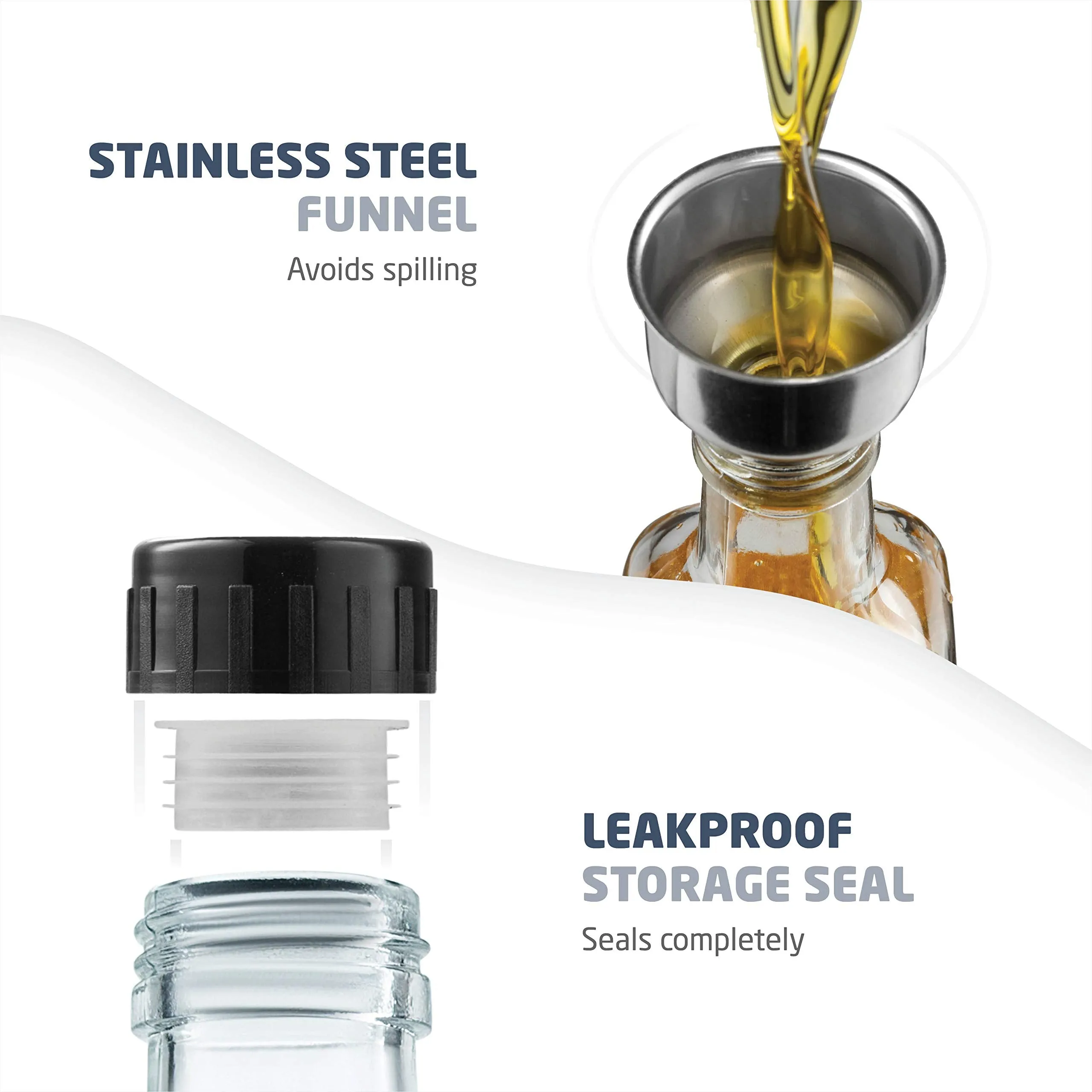 Superior Olive Oil Dispenser Set - Slim Design Oil and Vinegar Dispenser - Funnel For Easy Refill - Oil Dispenser Bottle For Kitchen With 4 Pouring Spouts and Labels - Glass Oil Bottle Set
