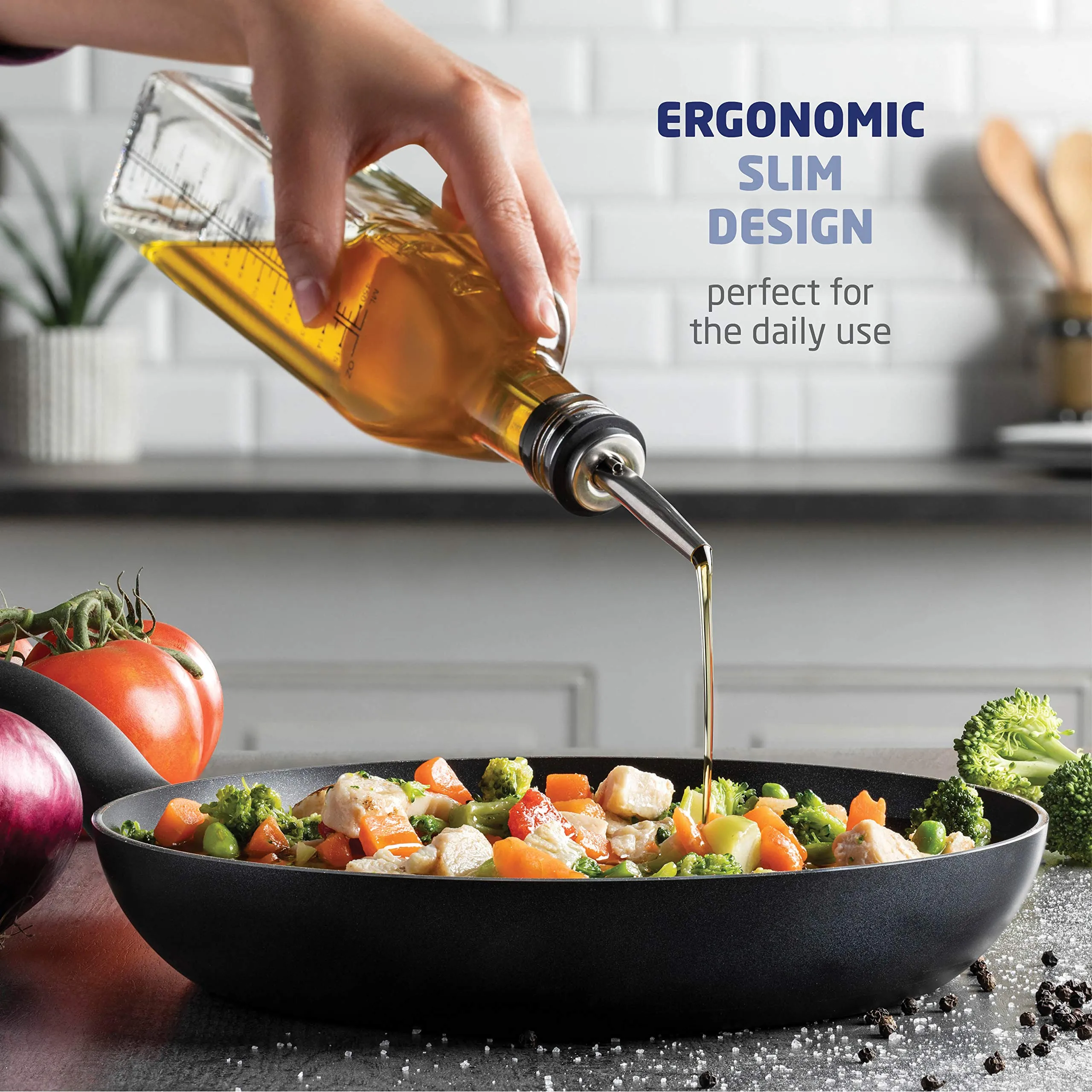 Superior Olive Oil Dispenser Set - Slim Design Oil and Vinegar Dispenser - Funnel For Easy Refill - Oil Dispenser Bottle For Kitchen With 4 Pouring Spouts and Labels - Glass Oil Bottle Set